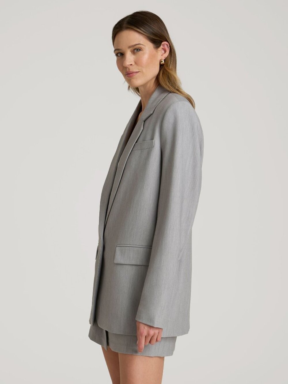 American Tall Boyfriend Fit Single-Button Blazer for Tall Women in Ash Grey Mix